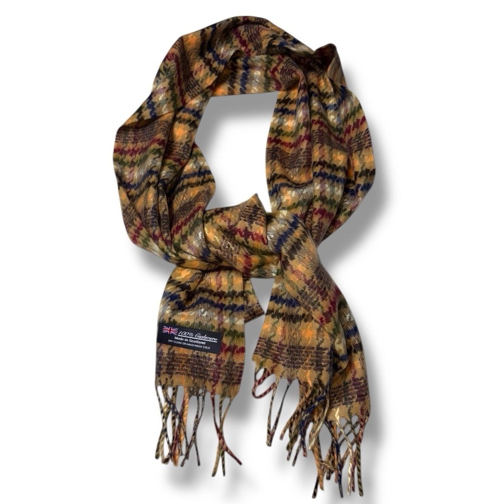 Made in Scotland 100% Cashmere Houndstooth Plaid Scarf – Tan Camel Multi